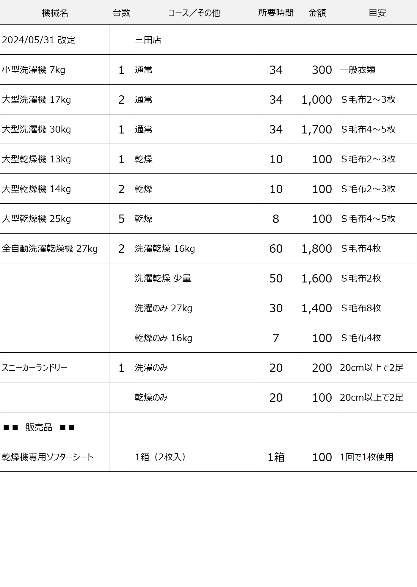 三田店コインランドリー料金表