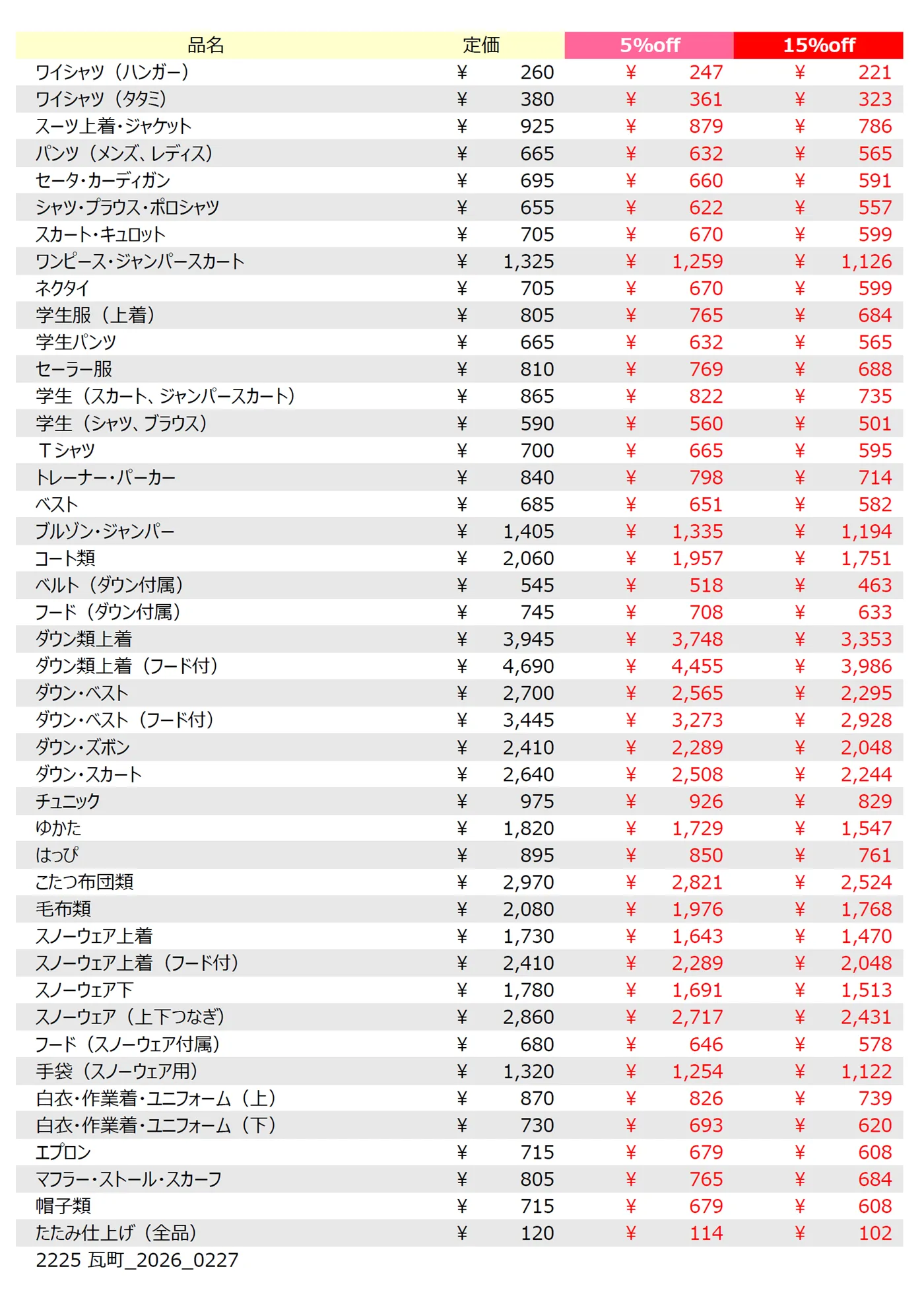 瓦町店クリーニング料金表