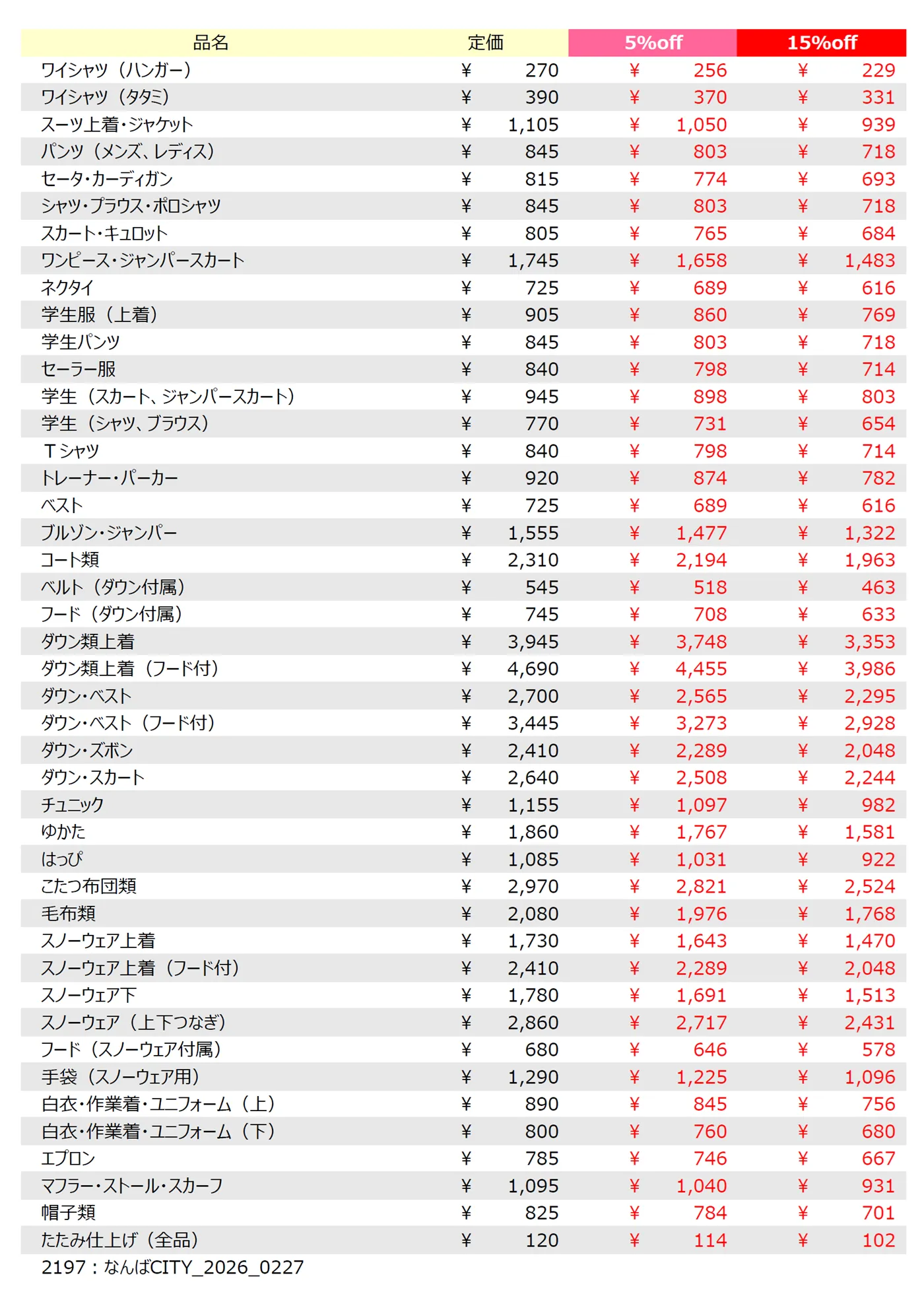 なんばCITY店クリーニング料金表