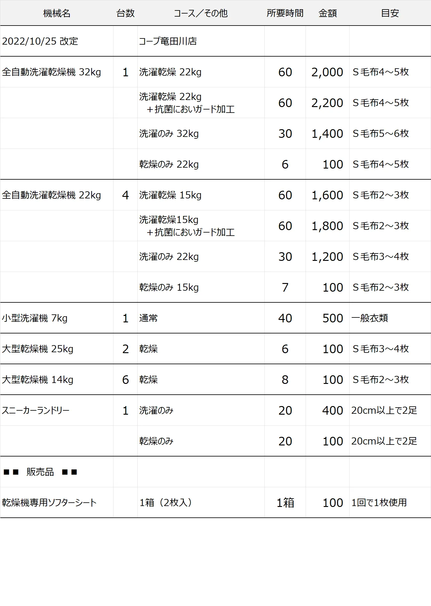 竜田川店コインランドリー料金表