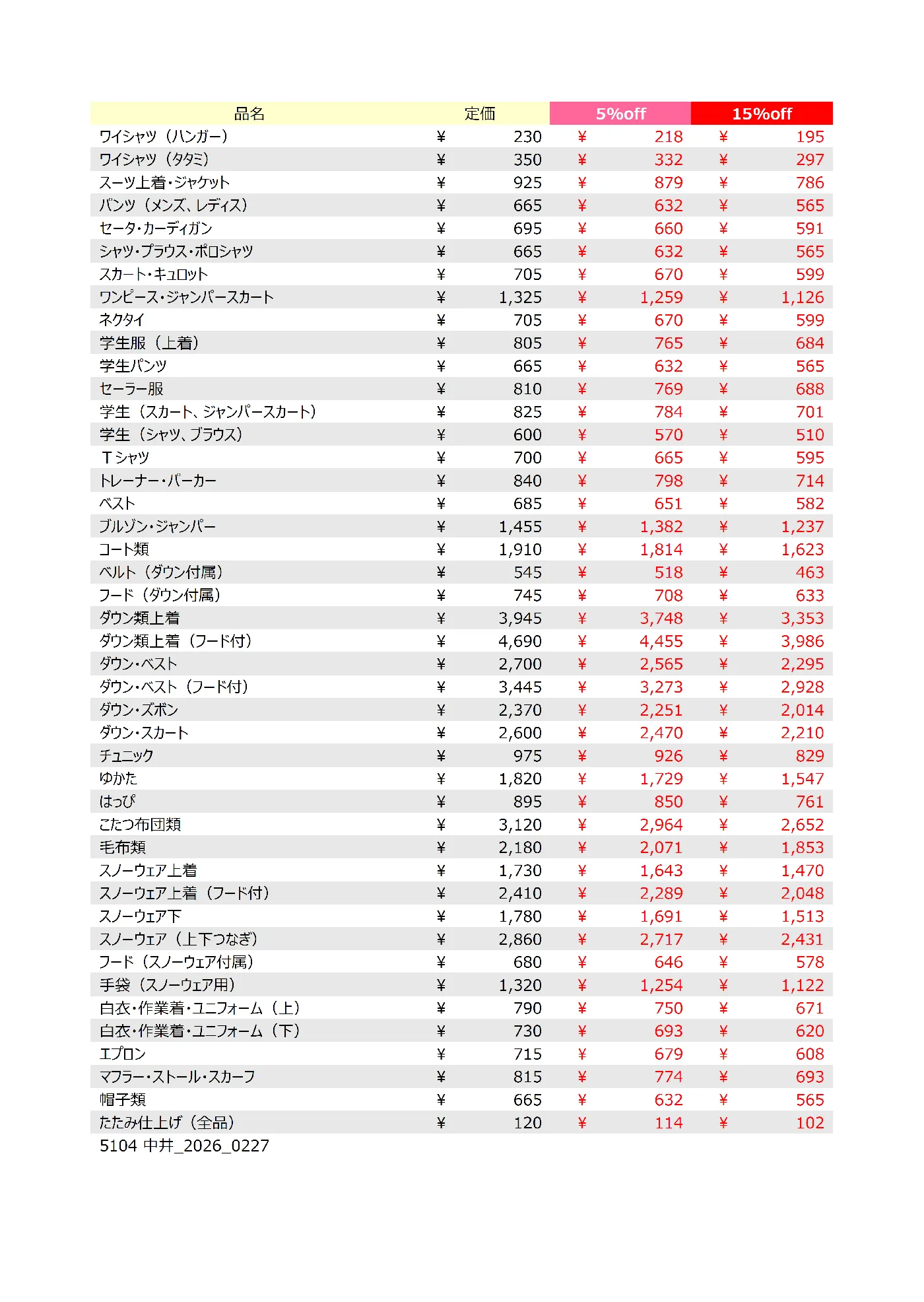 中井店クリーニング料金表