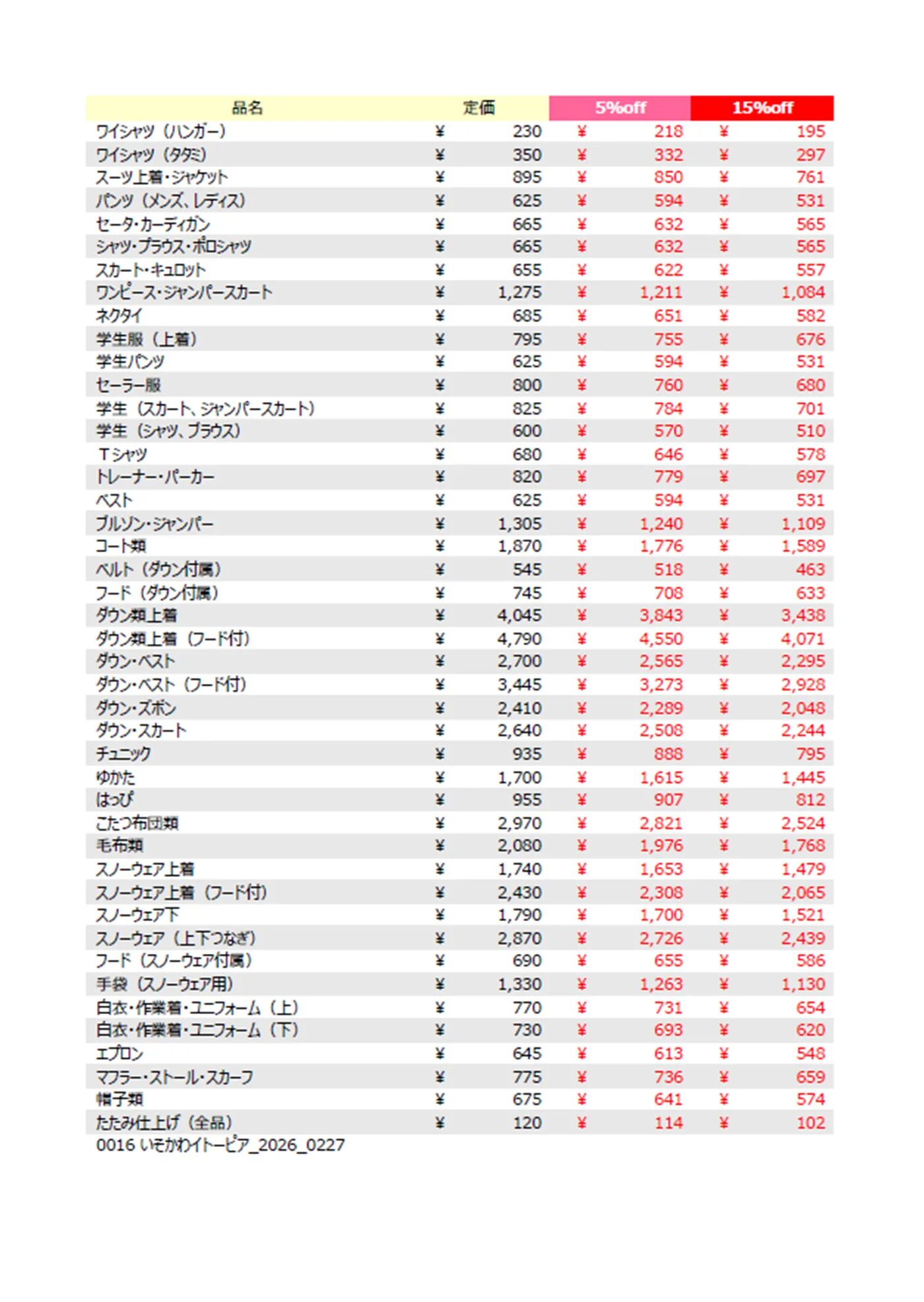 イトーピア店の料金表