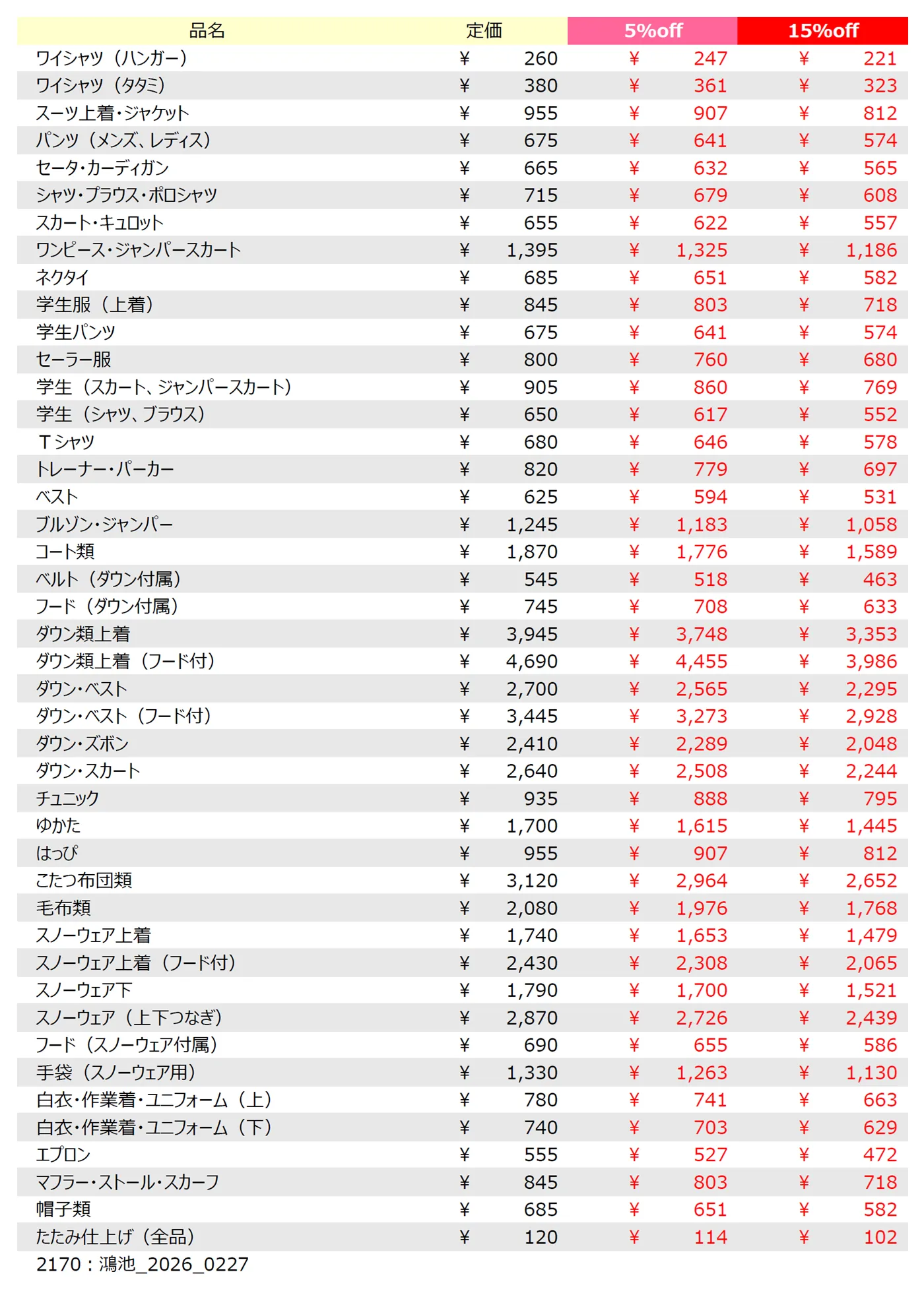 鴻池店クリーニング料金表
