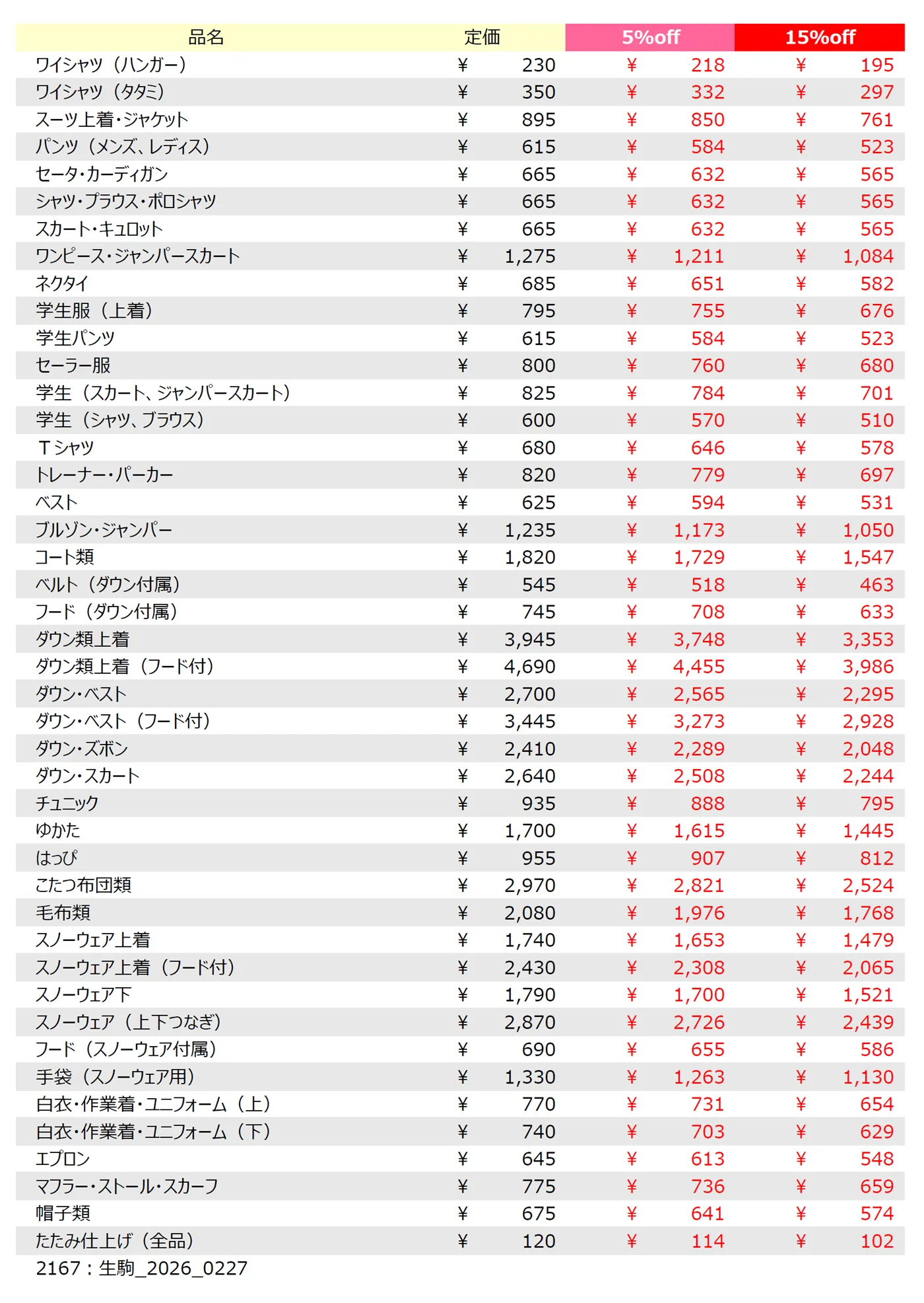 生駒店クリーニング料金表