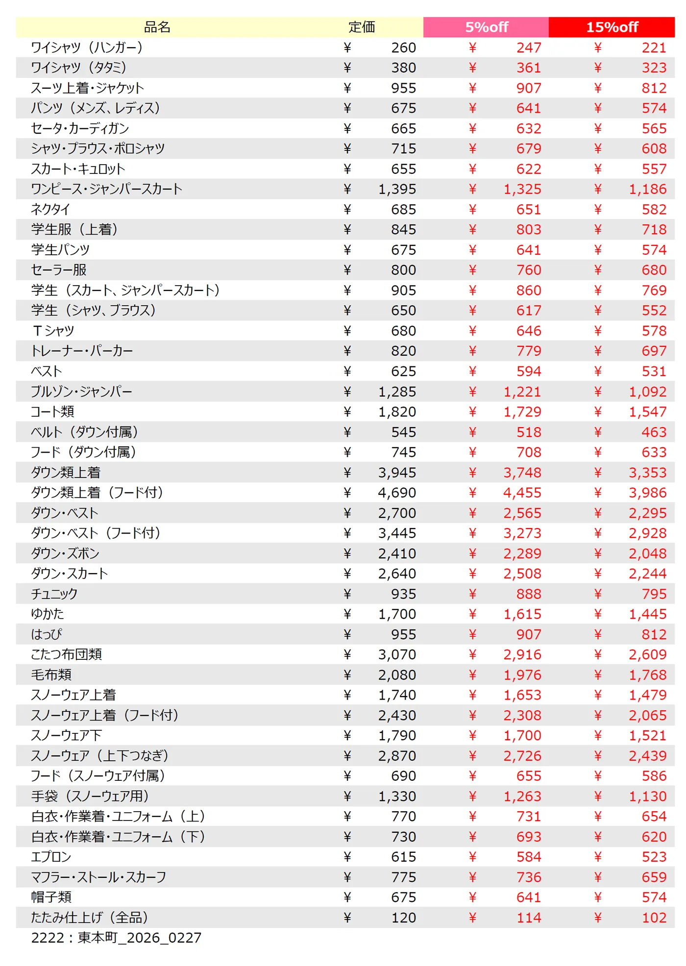 東本町店クリーニング料金表