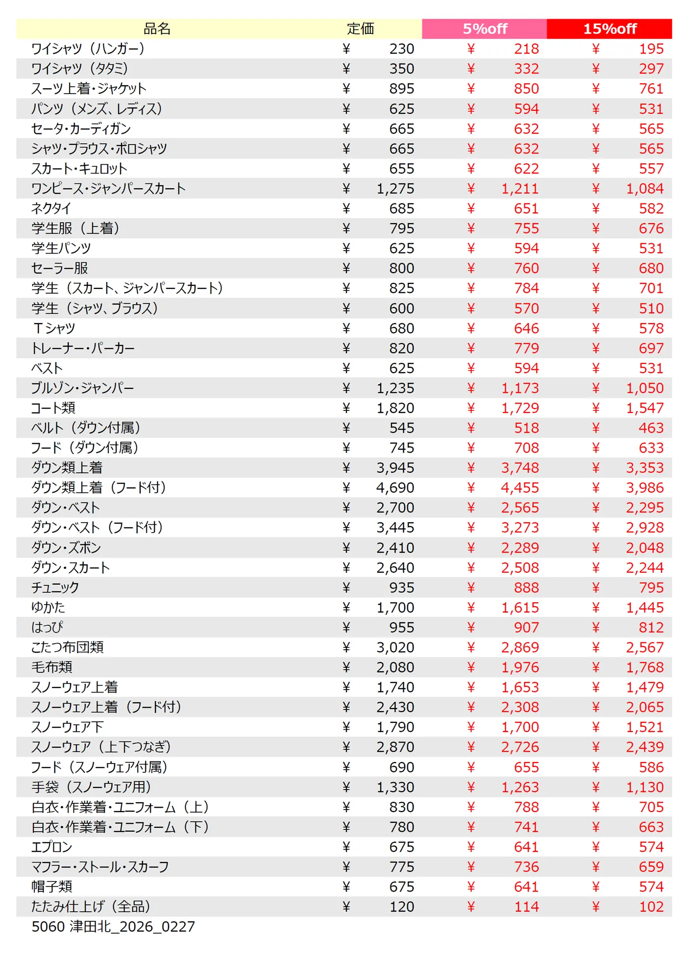 津田北店クリーニング料金表