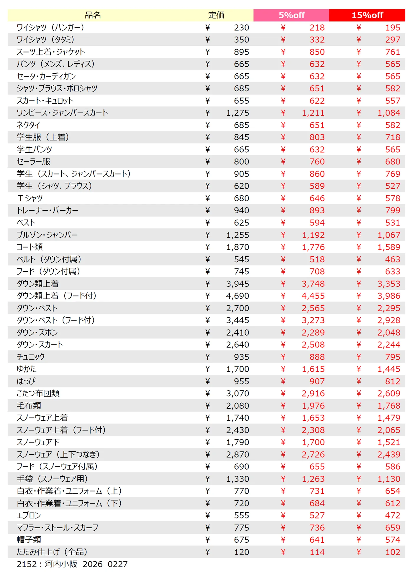 河内小阪店クリーニング料金表