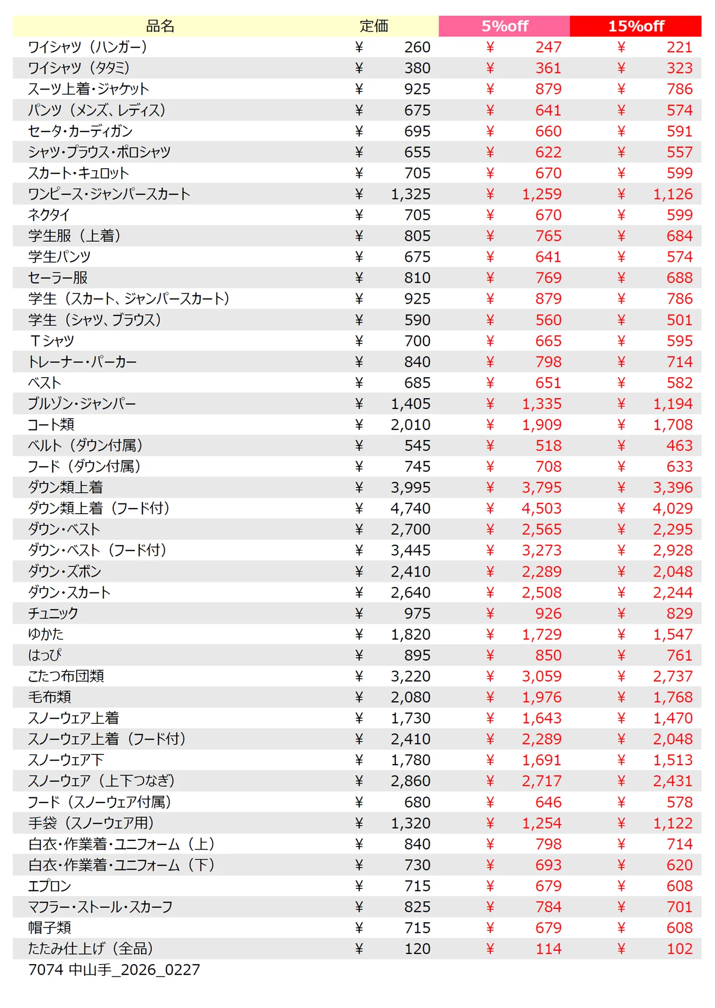 中山手店クリーニング料金表