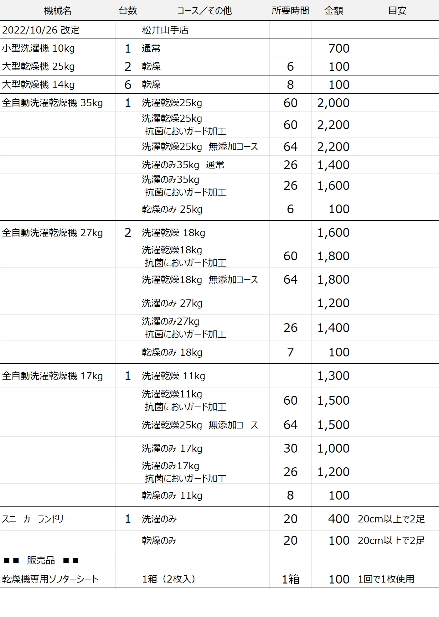 松井山手店コインランドリー料金表