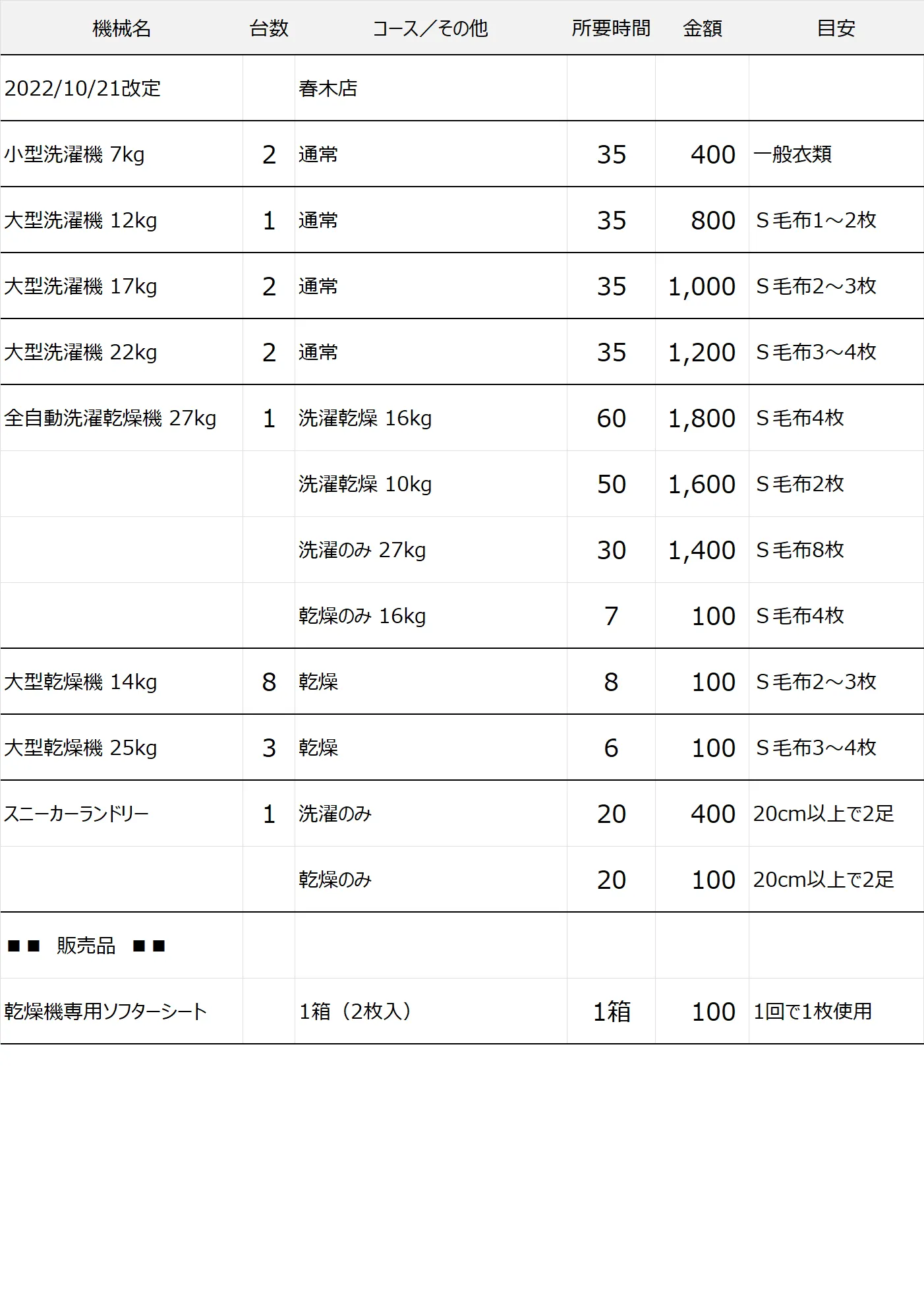 春木店コインランドリー料金表