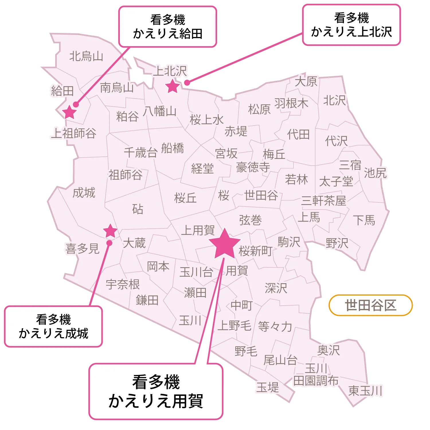 用賀-世田谷4拠点-看多機エリアマップ
