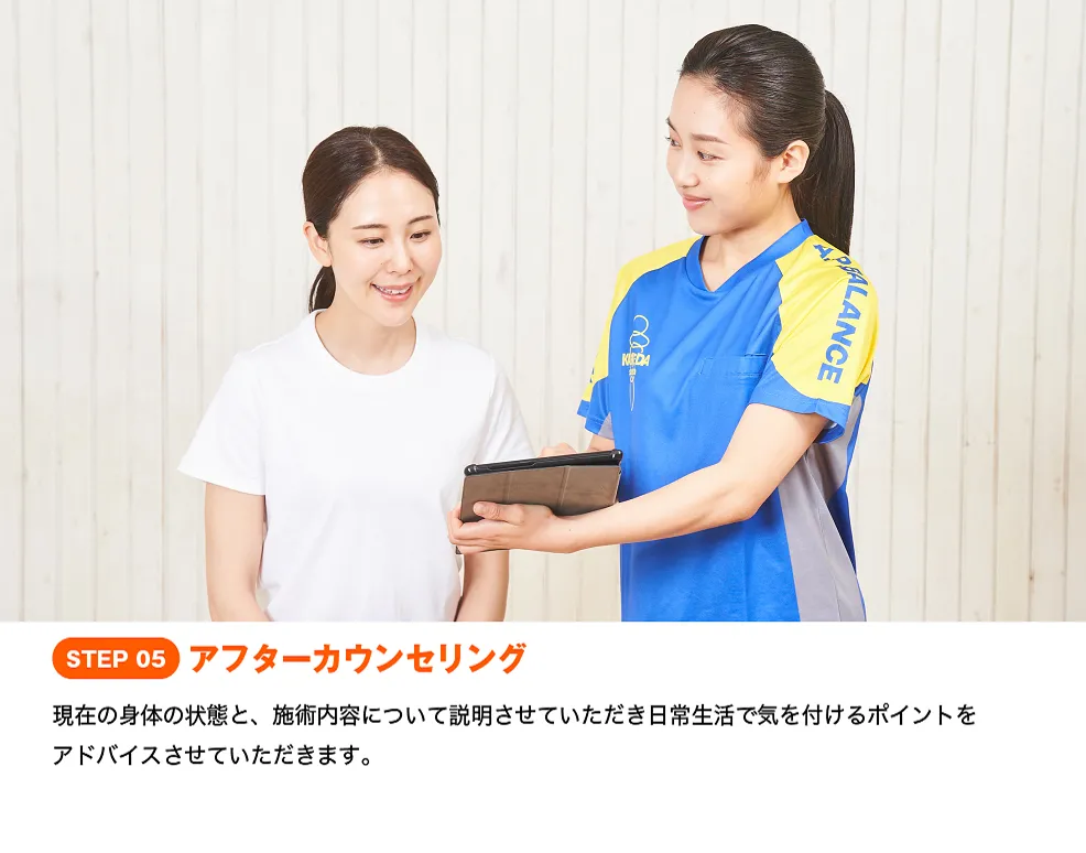 施術後はカウンセリングを行い、現在の身体の状態からアドバイスをいたします。